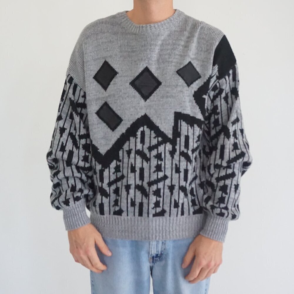 Vintage Doroïc Gray Acrylic Geometric Eclectic Grandpa Retro 80s Sweater Large